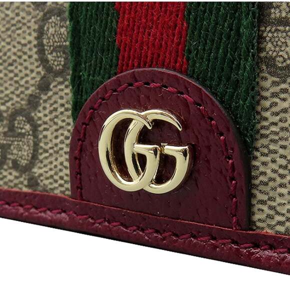 Gucci Ophidia Canvas Webstripe Burgundy Leather Bifold Snap - Picture 2 of 4